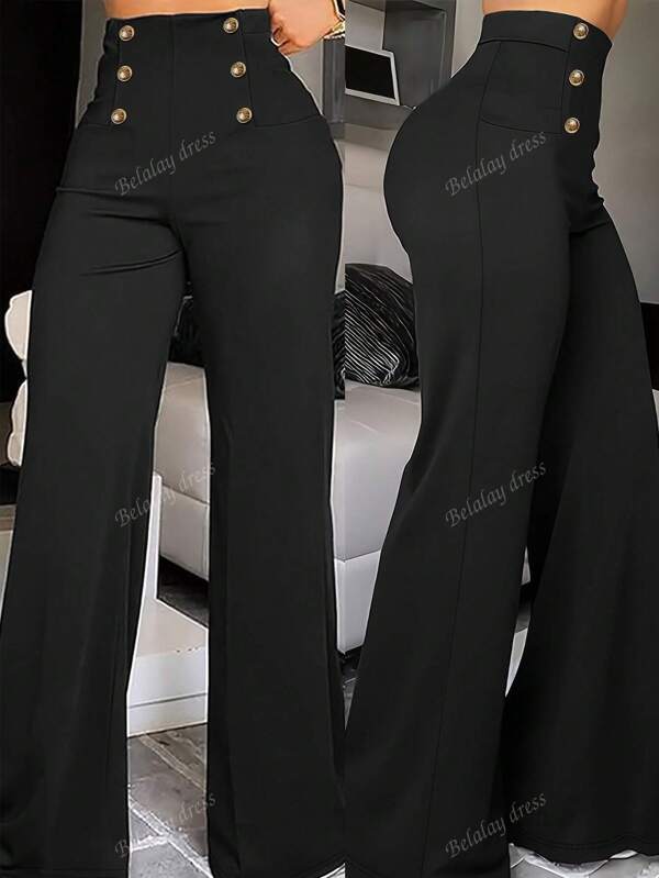 Damen elegante Highwaist Weite Hose - Schwarze Polyester Gerade Bein Hose mit Knopfdetails, geeignet für Lässig oder Business Outfit