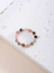 1pc European Style Jewelry, Natural Beryl Carved Beaded Elastic Ring For Women