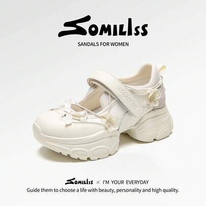 somiliss 5厘米厚底休闲运动凉鞋，女士款，可爱时尚平底沙滩拖鞋，轻便舒适，适合户外行走，四季皆宜的玛丽珍鞋，白色