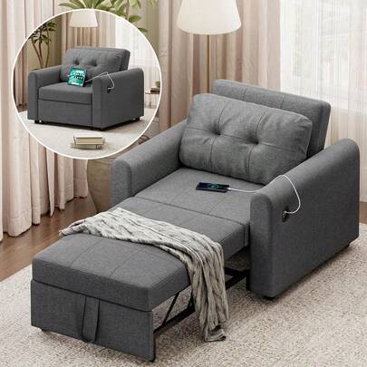 Sofa Bed, 3 In 1 Convertible Single Sofa Bed With USB & Type-C Ports, Pull Out Linen Single Sleeper Chair Bed With Pocket And Adjustable Backrest For Living Room