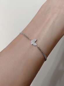 1pc S925 Sterling Silver Butterfly Fully Paved Double Layer Bracelet, Unique Design, Fresh & Elegant Style Women's Gift For Birthday - Butterfly - View 10
