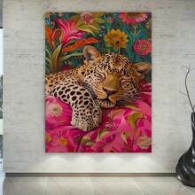 1pc Leopard Canvas Art Print - Frameless Vintage & Modern Wall Decor, Eclectic Maximalist Animal Art For Living Room, Bedroom, Or Home Office, Bold Pink & Green Retro Aesthetic