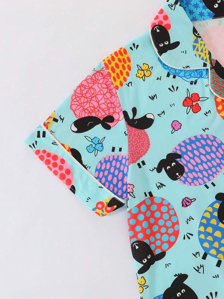 [Livanti 睡衣] 女士睡衣三件套，卡通狗狗印花短袖上衣、短裤和长裤，翻领纽扣T恤，舒适宽松版型，四季皆宜，家居服 - 彩色 - 查看 6