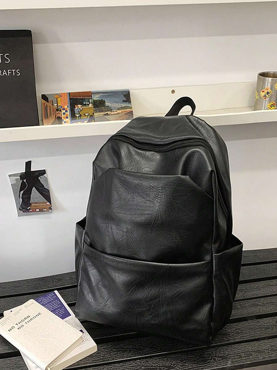 1pc Casual Minimalist Backpack, Large Capacity Multi-Pocket PU Soft Surface Design, Suitable For Short Trip Outdoor For Men - Black - View 1