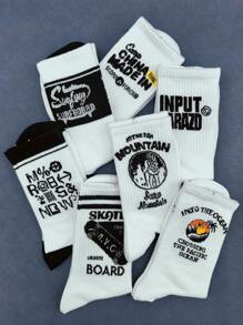 5 pares de calcetines medianos aleatorios con diseño de letras y números, calcetines blancos casuales y elegantes para hombres y mujeres