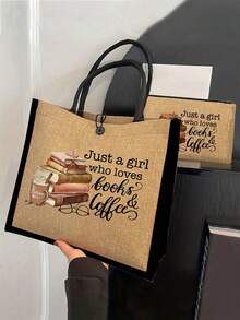 Yellow And Black Edged Linen Two Pieces Set With "Just A Girl Who Loves" Lettering Color Printing Pattern, Coffee And Book Pattern Design, Women's Fashionable Canvas Handbag With Button Thick Linen Bag, Multi-Functional Shopping Bag, Thank You Gift, Innovative Design, Large Capacity, Personalized Gift For Wedding Anniversary And Friend's Birthday, Suitable For Vacation, Daily Life, Going Out, Supermarket Shopping - Multicolor - View 13