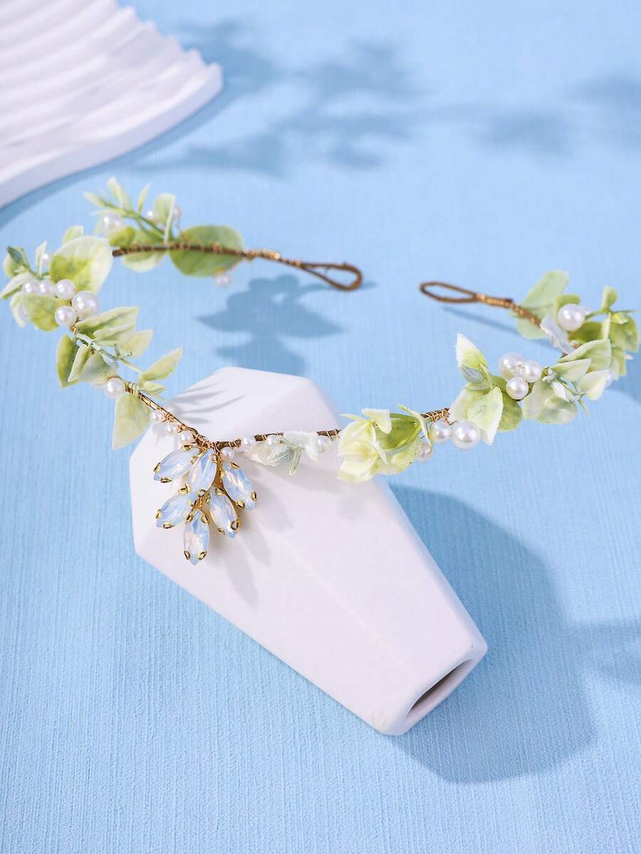 1件波西米亚森林仙子薰衣草水晶叶头饰，浪漫花卉发饰，适合女性，可作婚礼、派对礼服装饰或情人节配饰 - 淺綠色 - 查看 1