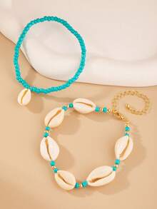 Fashionable Ocean-Themed Shell & Turquoise Beaded Adjustable Anklet, Waterproof Wax Rope Braided, Unisex For Beach Vacation Party - Anklets - View 7