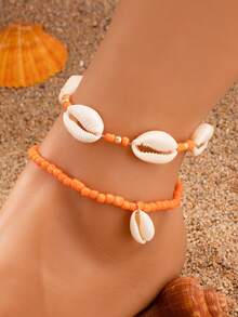 Fashionable Ocean-Themed Shell & Turquoise Beaded Adjustable Anklet, Waterproof Wax Rope Braided, Unisex For Beach Vacation Party - Anklets - View 14