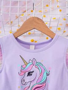 Young Girls' Spring/Summer Cartoon Unicorn Cap Sleeve Ombre Colorful Mesh Princess Dress, Cute & - Purple - View 4