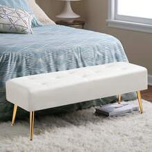 FURNIMART Fumahome Banco de Cuero Sintético para Pie de Cama con Patas Doradas, Banco Moderno con Botones Acolchados para Entrada, Lujoso Banco Otomano para Decoración de Sala de Estar - Verde - Ver 12