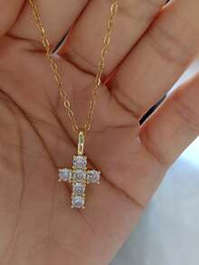 1pc Men Copper Inlaid Cubic Zirconia Cross Pendant Necklace, Versatile Daily Accessory - Yellow Gold - View 15
