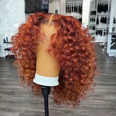 8-14Inch Deep Wave Bob Ginger Orange Lace Front Wigs Bob Human Hair Wig 14 Inch Orange13x4 Deep Wave Lace Frontal Bob Wigs Human Hair Pre Plucked 350# Colored Bob Wigs For Women Halloween Season