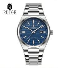 RUIG Relógio de Quartzo de Luxo Masculino da RUIGE, Pulseira de Aço Inoxidável, Calendário, Mostrador Azul, Relógio de Pulso Casual de Negócios, Presente para Homens