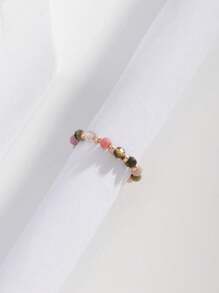 1pc European Style Jewelry, Natural Beryl Carved Beaded Elastic Ring For Women