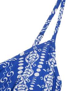 菱形印花细肩带连体裤，涤纶面料休闲口袋，适合日常、生日、返校派对、夏季 - 藍色 - 查看 7