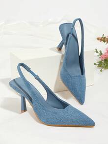Women's Pointed Toe Chunky Heel Suede Pumps With Back Strap, Breathable Closed Toe High Heel Slingbacks For Summer - Blue - View 3