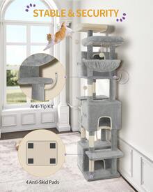 HEXCELEN 76" Cat Tree, Large Cat Tower For Indoor Cats, Cats House Furniture With 2 Platforms, 3 Condos, 7 Scratching Posts, 1 Basket, Pompoms, Washable Cushion, Cat Necessities, Cat Toys, Light Grey - 淺灰色 - 查看 8