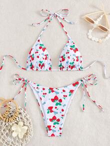 Women's Sexy Backless Strawberry Print Bikini Set, With Tie-Back Top And Side-Tie Bottom, High Elasticity Swimwear - Multicolor - View 1