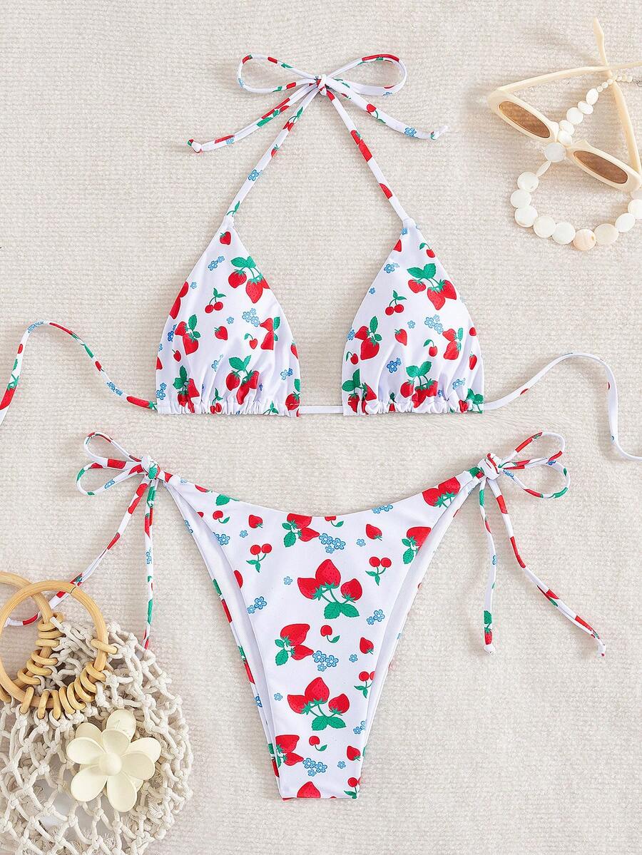 Women's Sexy Backless Strawberry Print Bikini Set, With Tie-Back Top And Side-Tie Bottom, High Elasticity Swimwear - Multicolor - View 1