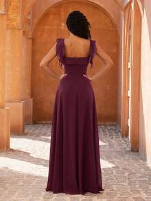 MOEVIO 女士优雅露肩荷叶袖A字高开衩伴娘婚礼宾客正式晚礼服，适合舞会、毕业典礼、返校节、节日、秋季等场合