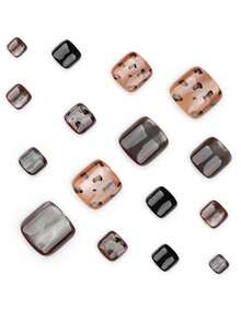 24pcs Short Square Cat Eye Leopard Black & Champagne Nail Sticker Strips With 1pc Nail File, 1pc Gel - Multicolor - View 3