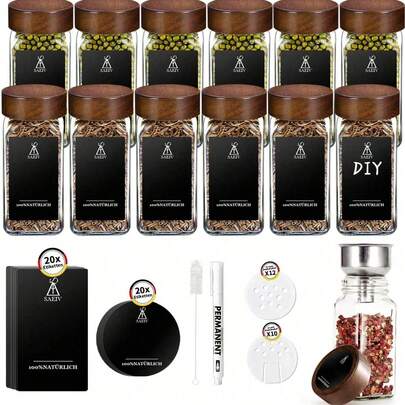 SAEIV Set Of Square Spice Jars (With Lids): 2/12/24/35 Spice Jars (With Spice Labels): The Perfect Organizer For Kitchen Spices: 120 Ml Jars: Including Funnel, Labels, Cleaning Brush And Sieve