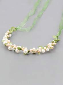 1pc Pastoral Style Ribbon & Faux Pearl Headband, Delicate Green Leaf Floral Wreath Headdress For Bridal Wedding Hair Accessories