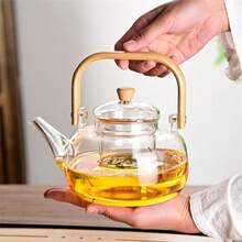 1pc 33.81oz High Borosilicate Glass Large Capacity Handle Teapot With Tea Infuser Clear Glass Teapot Induction Brewing Tea And Health Pot With Wooden Parts For Home Or Kitchen Use - White - View 6