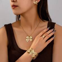 5pcs/Set European Vintage Style Bowknot Earrings, Necklace, Open Bracelet, Ring Jewelry Set