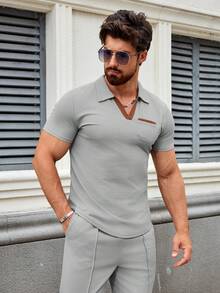 Men's Casual Suit, Outdoor Versatile High-End Men's Waffle Collar Short Sleeve Pocket Top And Solid Color Pants 2 Pieces Set - Grey - View 2