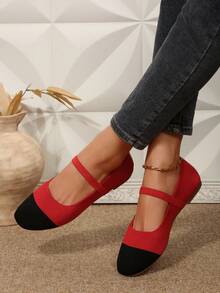 2025 Autumn Women Casual Soft Sole Square Toe Elastic Band Patchwork Flat Shoes, Suitable For Indoor And Outdoor Wear - Black and Red - View 3