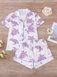 HOREA 2pcs/Set Cute Marine Style Sea Turtle Print Women Pajamas Set, Short Sleeve Lapel Cardigan Top And Loose Elastic Shorts, Casual All Season Sleepwear & Loungewear - Purple - View 10