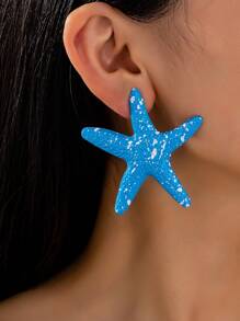 2pcs/Set Fashionable Asymmetrical Polka Dot & Starfish Design Earrings, Suitable For Ladies Beach Holiday Wear