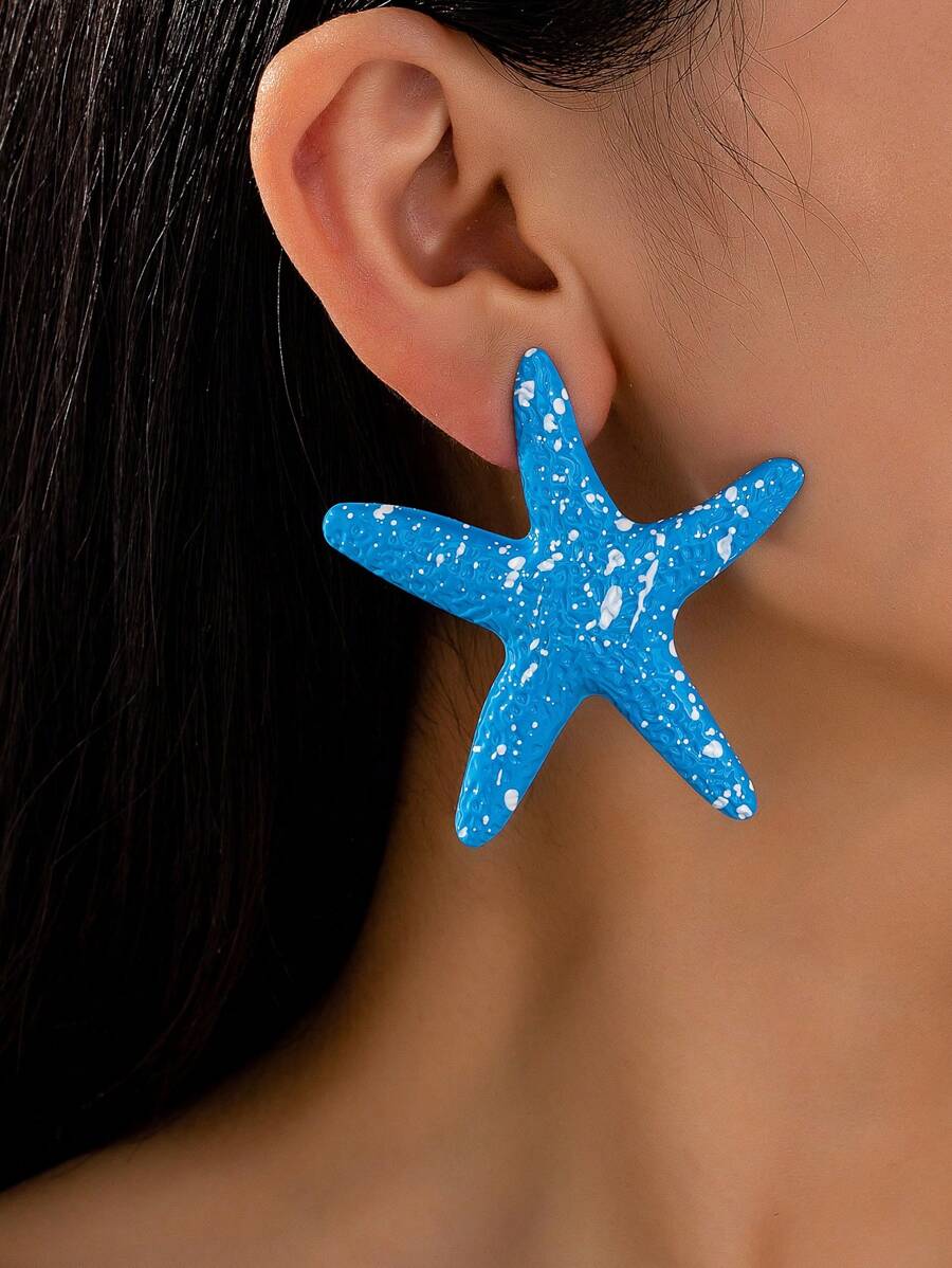 2pcs/Set Fashionable Asymmetrical Polka Dot & Starfish Design Earrings, Suitable For Ladies Beach Holiday Wear