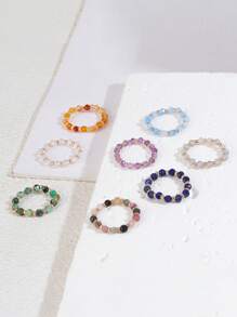 1pc European Style Jewelry, Natural Beryl Carved Beaded Elastic Ring For Women