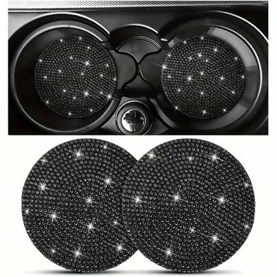 2pcs Bling Black Car Cup Holders, Universal Fashion Car Cup Mats, Rhinestone Non-Slip Cup Coasters, Car Interior Decor Accessories Fit Most Cup Holders, Scratch-Resistant, Easy To Clean, Car Specific Cup Mats