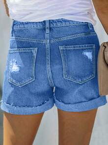 Women Casual Washed Buttoned Ripped Denim Shorts - Light Wash - View 3