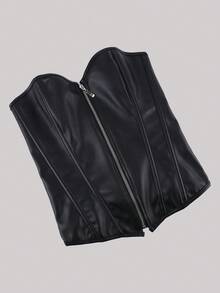 1 szt. Czarna skóra PU Seksowna Plus Size Kobiety Topy Zamek błyskawiczny z przodu Sznurowany Gorset Wieczorna randka Wakacje Urodziny Impreza Codzienny Bez Ramiączek Shapewear Top