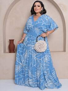 Plus Size Long Dress V Neck Short Sleeve - Baby Blue Estam. - View 3