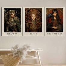 3pcs可选帆布印花装饰画、复古凯尔特人、布里吉特、莫里根女神海报挂画、文艺复兴时期绘画、凯尔特神话家居装饰、室内家居壁画 - 彩色 - 查看 3
