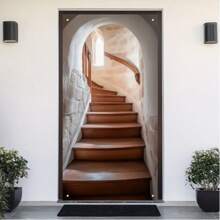 2D Door Plaque, 1Pc Polyester Elegant Staircase Themed Door Panel - Polyester, 70.8"X35.4", Corded, Comfortable Cafe Style Door Sign With Stone Arch And Wooden Staircase Design, Suitable For Home Indoor Decor, Multi-Purpose Great For Housewarming, Graduation, Retirement Party, Confirmation, Bachelor Party And Holidays Like Easter, St. Patrick's Day, Ramadan, Seasonal Home Decor.