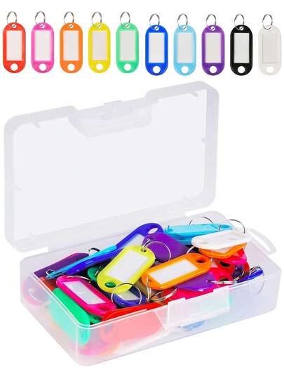 Pack Of 50 Plastic Key Tags With Container, Key Tags With Ring And Label Window, Assorted 10 Colors