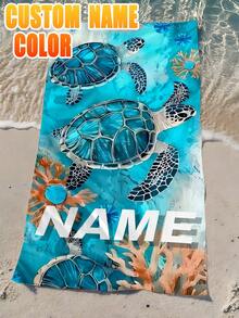 1pc Personalized Name Beach Towel,Blue Marine Creature - Sea Turtle Children Parents Beach Towel, Absorbent Multi-Functional, Quick Dry,Breathable - Blue - View 2