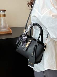 1pc Fashionable Minimalist Buckle PU Tote Bag With Scarf, Suitable For Daily Use - Black - View 5