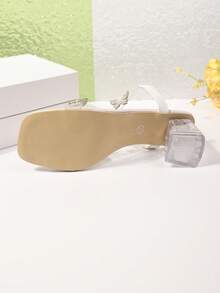 新款蝴蝶结凉鞋，时尚厚底中跟和水晶透明鞋跟，高跟舞鞋，适合青少年，校园风格，高跟舞鞋 - 白色 - 查看 7