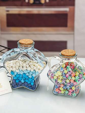 1pc Lucky Star Wishing Bottle With Wooden Cap, Glass Bottle Drifting Bottle, Holiday Gift, Origami Stars, Pentagram Storage Wish Bottle
