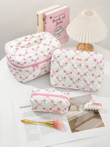 1PC Blue Striped Flower Makeup Bag, Quilted Portable Toilet Bag, Makeup Bag, Large Capacity Storage Bag, Suitable For Wallet, Lipstick, Sanitary Napkins, Pads, Coins, Keys, Earphones, Earphones And Accessories, Travel Storage Bag, Earrings, Bracelets, Necklace, Glasses, Sunglasses, Suitable For Women, Girls, Teenagers, Candy, Nurses, Female Students, Students, Gifts. Cosmetic Bag