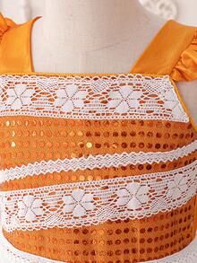 Young Girl Shiny Sequin Mesh Cap Sleeve Princess Dress Suitable For Performances And Parties - Orange - View 5