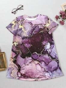 女士紫色大理石印花短袖T恤，时尚 - 紫色 - 查看 2